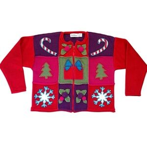 Vintage BellePointe Christmas Sweater Wool Red Front Zip Cardigan Size XL